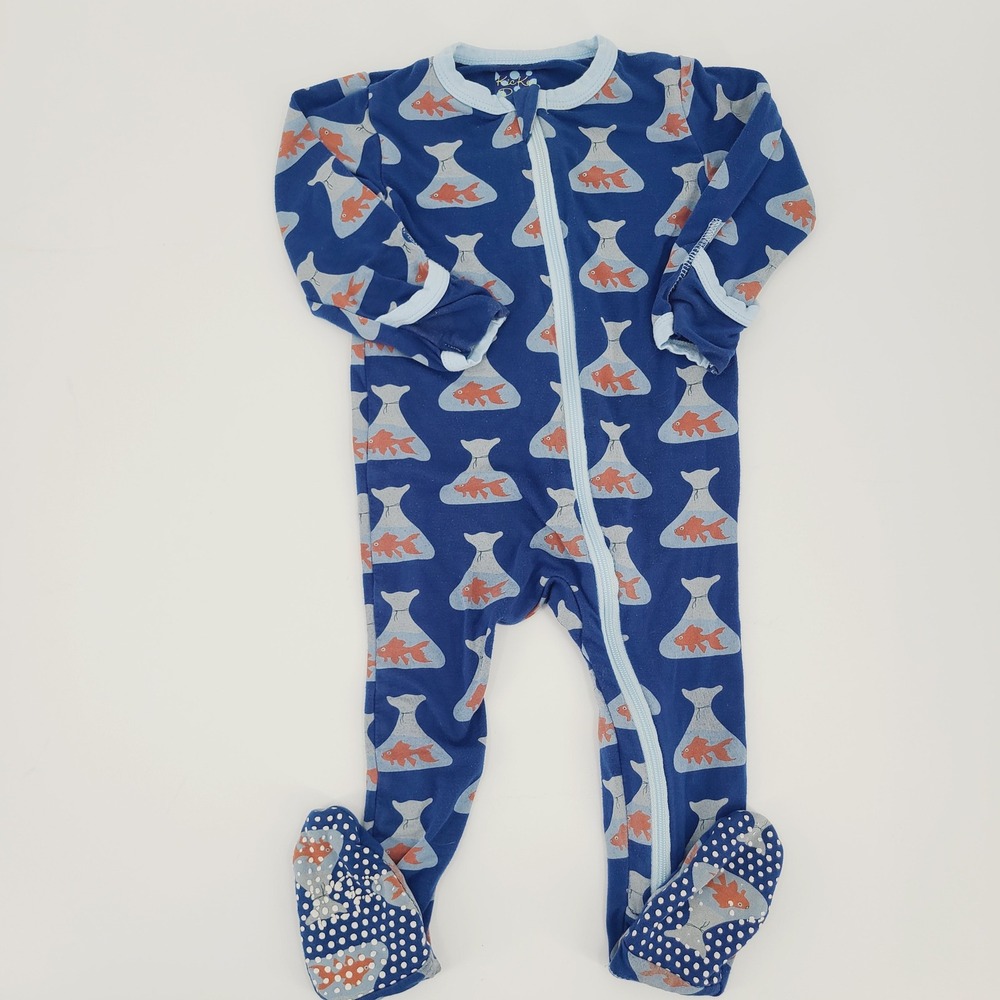 Kickee Pants Navy Goldfish Prize Bamboo Zipper Footie 6-9M Blue Pajamas